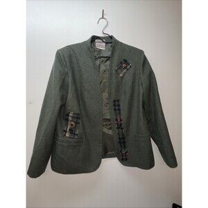 Vtg Tan Jay Womens Tweed Blazer Jacket Olive Green W/ Plaid Detail & Buttons M/L